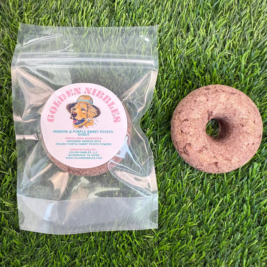 Pet Birthday | Golden Nibbles Venison & Purple Sweet Potato Freeze Dried Donut